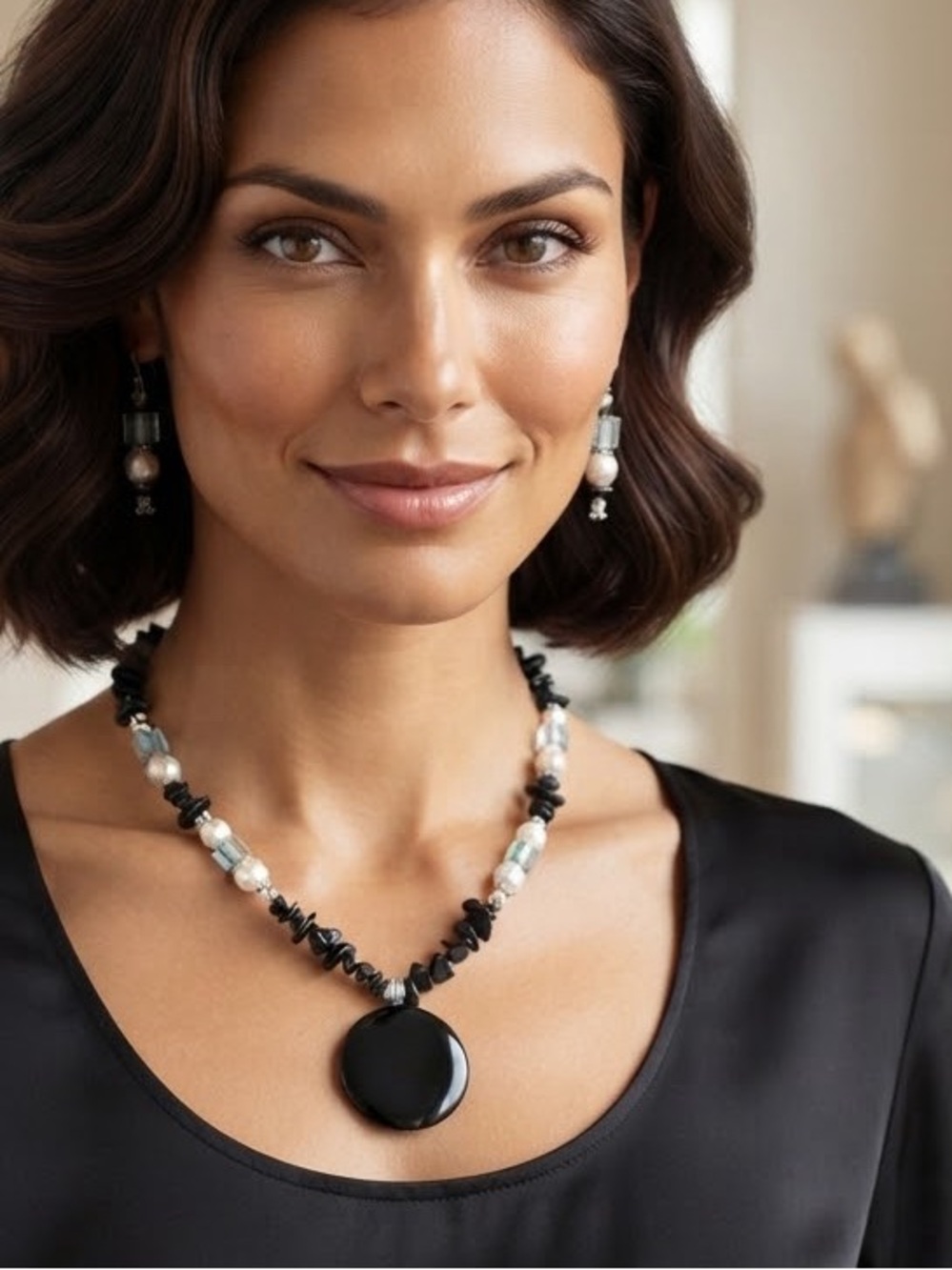 Elegant Black and White Beaded Pendant Necklace set